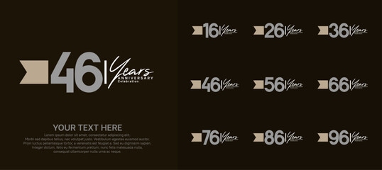 anniversary logotype set. grey number and brown ribbon for celebration
