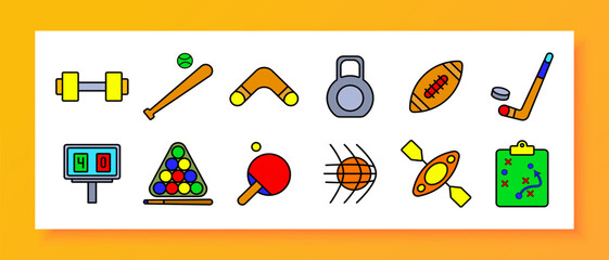 Sports equipment set icon. Dumbbell, baseball bat, boomerang, kettlebell, football, hockey stick, scoreboard, billiards, ping pong, basketball, kayak, clipboard.