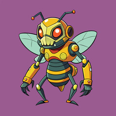 cartoon illustration of mecha robotic bee, zombie bee, flat vector illustration