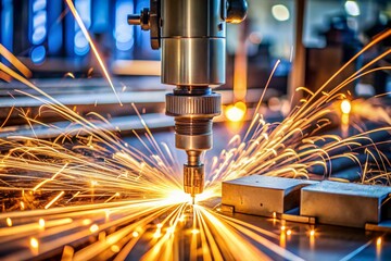 close-up, high quality, CNC welding with sparks, concept industry part of machinery automatic machine cutting for metalwork or steel production