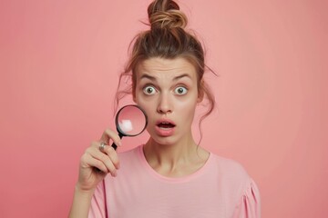 Surprised woman holds a magnifying glass. Studio portrait on a pink background. Conceptual image capturing unexpected discovery and attention to detail. Ideal for editorial content and marketing