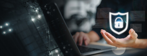 Cyber security and network data protection, businessman holding security padlock internet network, encryption security of personal data of users, smart protection against digital attacks.