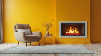 Cozy Living Room with Fireplace and Yellow Walls