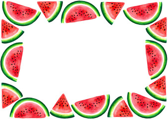 Rectangular frame of slices of watermelon. Slice watermelon into semicircles and triangles. Watercolor. Different shades of red, green. White background, copy space.