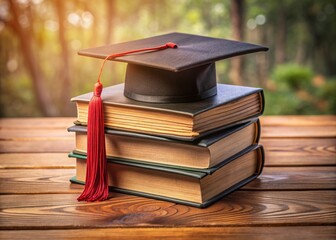 Graduation cap and stack of books on wooden table