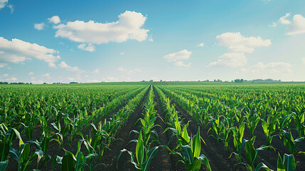 Large corn fields under blue sky and white clouds