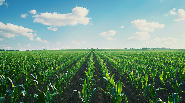 Large corn fields under blue sky and white clouds - Powered by Adobe