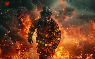 A firefighter is running through a burning building. The scene is intense and dramatic, with the firefighter's gear and the flames creating a sense of danger and urgency. The image conveys the bravery