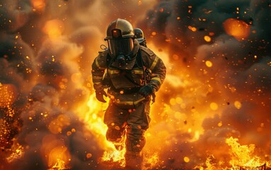 Fototapeta premium A firefighter is running through a burning building. The scene is intense and dramatic, with the firefighter's gear and the flames creating a sense of urgency and danger. The image conveys the bravery