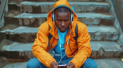 A man in a yellow jacket is sitting on a set of stairs with his headphones on. He is looking at his phone