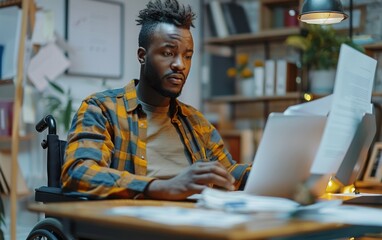 Obraz premium A man in a wheelchair is sitting at a desk with a laptop and a stack of papers. He is focused on his work, possibly typing or reading through the documents. Concept of determination and productivity