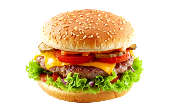 Cheeseburger with black beans, vegetables and spices isolated on transparent white background.