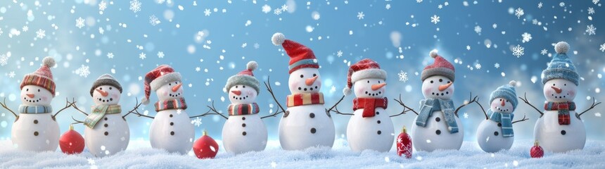 A group of cute snowmen standing in the snowy landscape, each wearing different hats and 