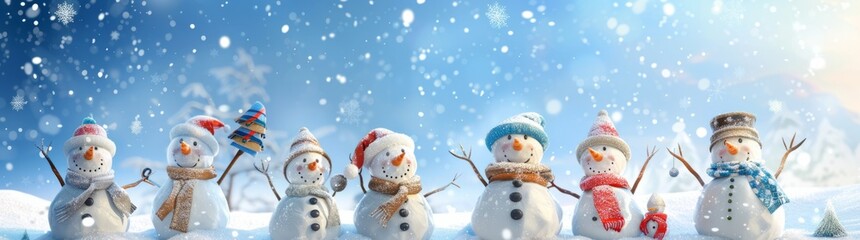 A group of cute snowmen standing in the snowy landscape, each wearing different hats and 