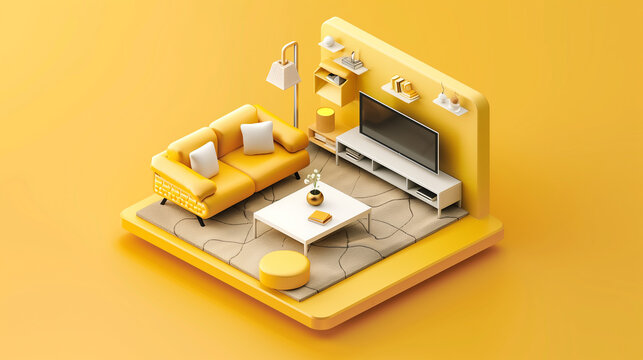 A yellow room with a couch, a coffee table, and a television. The room is small and cozy, with a yellow color scheme that creates a warm and inviting atmosphere