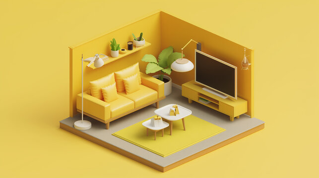 A yellow room with a couch, a coffee table, and a television. The room is small and cozy, with a yellow color scheme that creates a warm and inviting atmosphere