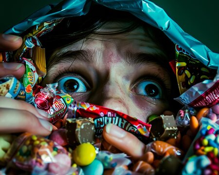 Young Caucasian Boy Secretly Indulging in a Hidden Trove of Colorful Candy at Night, Expressing a Mood of Guilty Pleasure