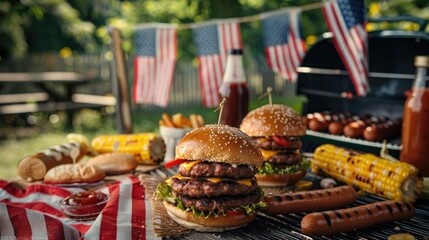 Festive BBQ scene with grilled burgers, hot dogs, and corn on the cob, adorned with American flags for a patriotic celebration