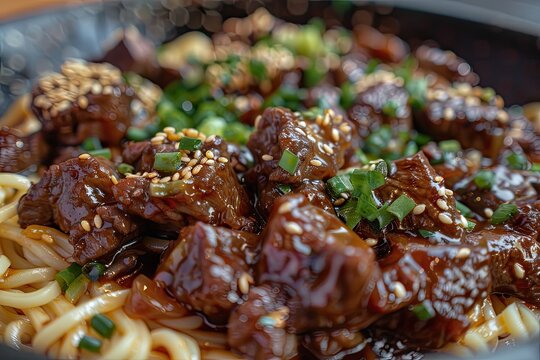 Savory beef and sesame noodles in a bowl
