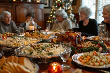 Obraz premium Joyful Multi-Generational Family Feast at a Holiday Gathering, Sharing a Table of Festive Foods Under the Glow of Christmas Lights