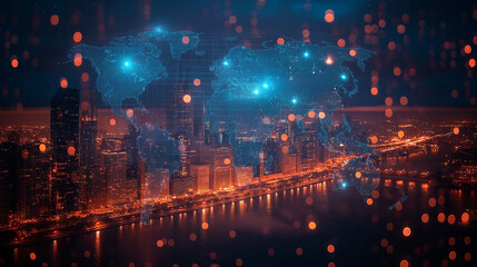 Fototapeta premium Abstract graphic digital world map hologram with connections on Chicago cityscape background, globalization concept. Multiexposure.