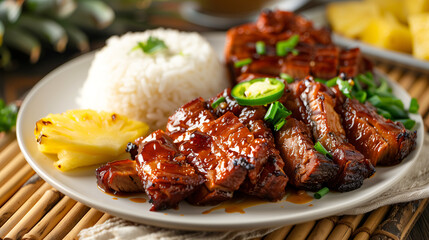 A plate of Hawaiian-style BBQ pork, served with pineapple slices and a side of sticky rice, evoking tropical flavors