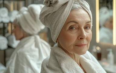 A woman is sitting in a bathroom with a towel wrapped around her head. She is smiling and looking at the camera