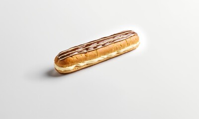Eclair with chocolate topping and vanilla cream filling on white background