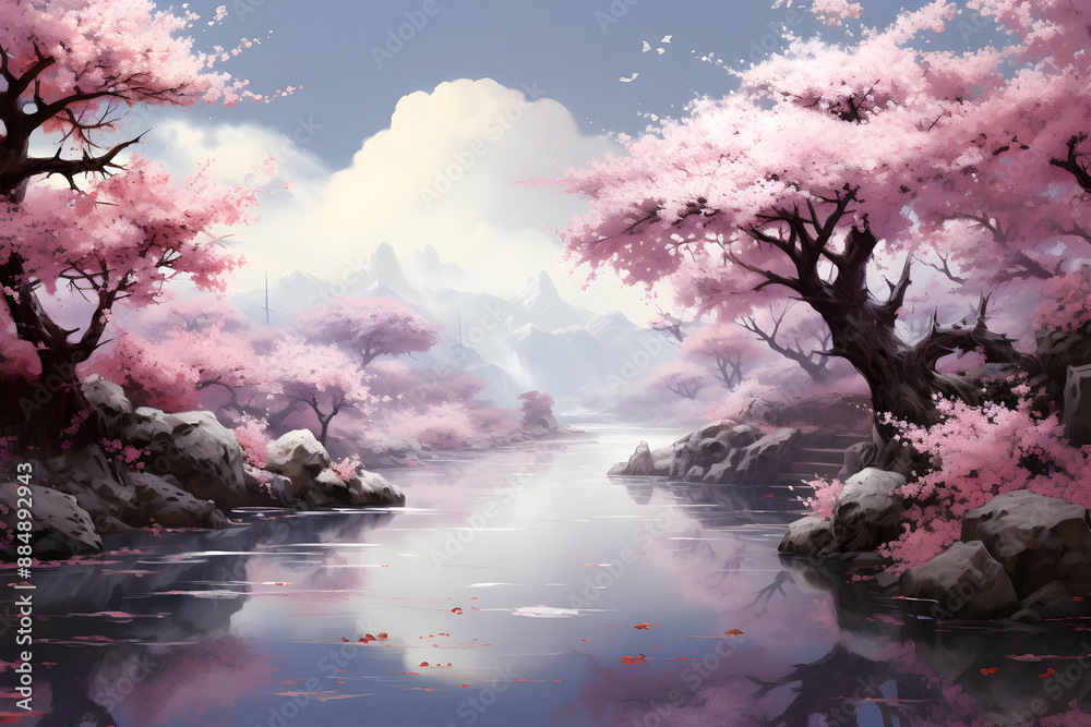 Wall mural Cherry Blossom River Landscape Illustration