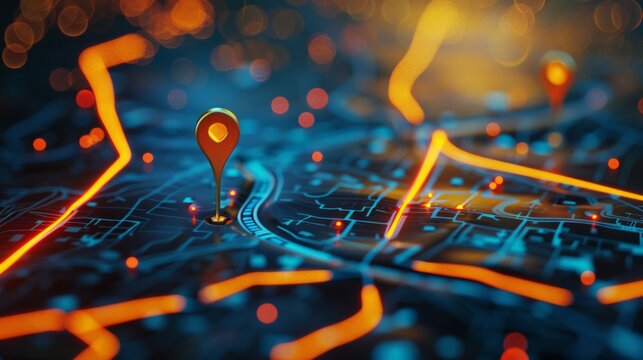 A detailed map displaying a specific location marked with two vibrant pins, symbolizing the starting and destination points in a GPS navigation system used for efficient route planning and guidance.