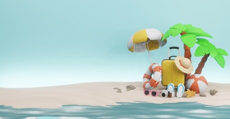 Tropical Beach Vacation Concept with Luggage, Umbrella, Palm Trees, and Travel Accessories on Sandy Shore