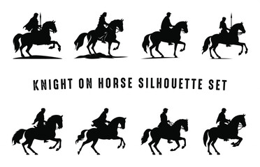 Medieval Knight on Horseback black Silhouette Clipart Set, Knight on Horse Silhouette Vector art bundle