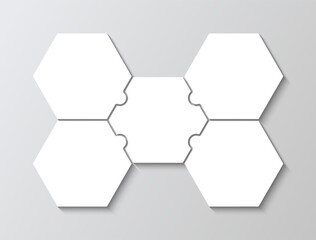 5 pieces puzzle infographic. Jigsaw hexagon for business infographics. Business presentation info graphic, parts of process diagram. Puzzle grid. Vector illustration