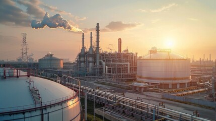 Obraz premium A vast industrial complex with a massive LNG storage tank designed for holding liquified natural gas at low temperatures, showcasing modern energy infrastructure.