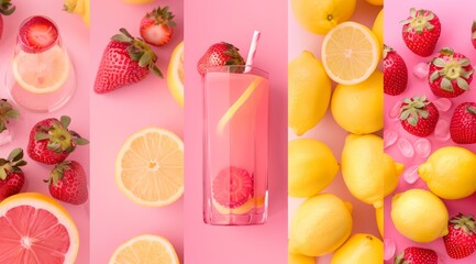A vibrant moodboard showcasing various images of pink lemonade, strawberries and lemons in bright summer colors