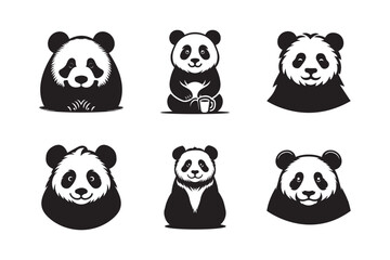 Set of pandas in different positions. Logo of a panda set icon silhouette design on white background