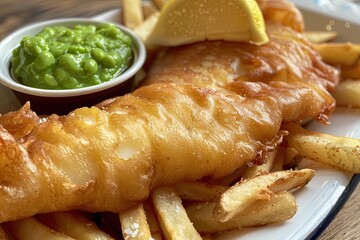 Traditional battered fish and chips with mushy peas and lemon wedge