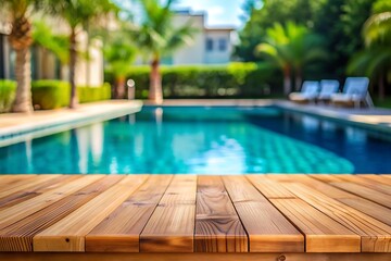 Wooden top with blurred empty Swimming pool background can be used for mocking up or display product to make advertising