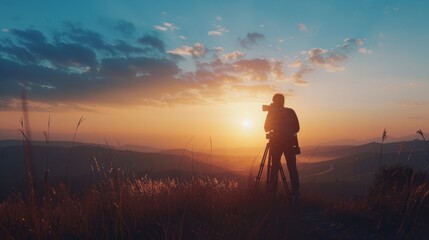 Fototapeta premium In the heart of nature, a photographer's silhouette tells the story of capturing the world's wonders