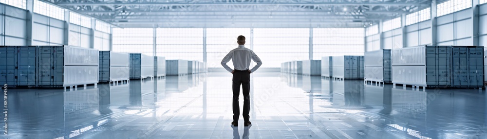 Wall mural the silhouette of a manager stands with hands on hips, surveying a busy warehouse filled with cargo 