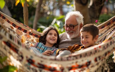 Senior Man Sharing Stories with Grandchildren in a Traditional Hammock on National Hammock Day, Garden Setting at Dusk
