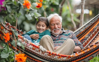 Celebrating National Hammock Day Elderly Man and Young Girl Sharing Stories in a Decorated Garden Hammock