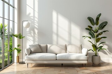 A modern living room interior with a sofa created with Generative AI