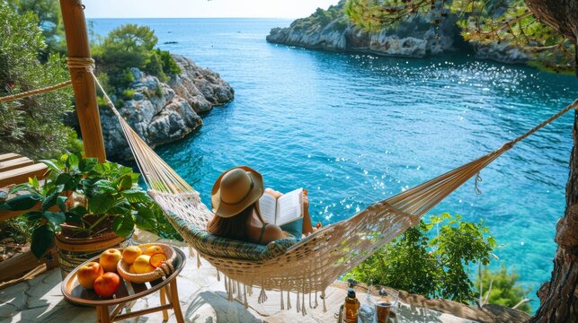 Woman Relaxing in Hammock Over Sea Terrace Reading Book During National Hammock Day, Surrounded by Nature, Aromatherapy, and Fresh Fruits