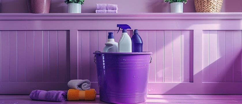 Home cleaning essentials ready for tidy up. purple bucket with mop and detergents