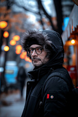 Close-up of a man in a hooded winter coat on a city street