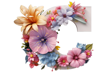 3d letter c with floral elements and flower design in studio lighting, PNG with transparent background