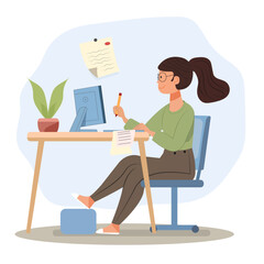 Fototapeta premium Illustration of a girl with glasses sitting at her work desk with a footstool under her feet 