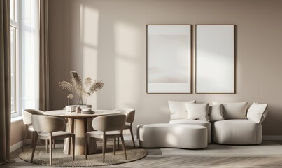 Fototapeta premium 3D rendering of a modern living room interior design with a dining table and sofa mockup, two vertical blank poster frames on the wall background in a beige color. Minimalist home decor concept in the