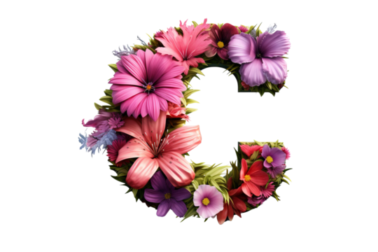 3d letter c with floral elements and flower design in studio lighting, PNG with transparent background